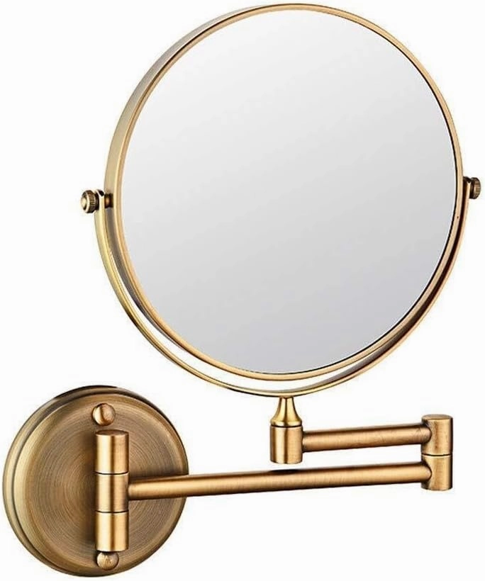 8-Inch Swivel Wall Mounted Makeup Mirror, Brass & Stainless Steel Vanity Mirror for Bathroom, Shaving, and Cosmetic Use