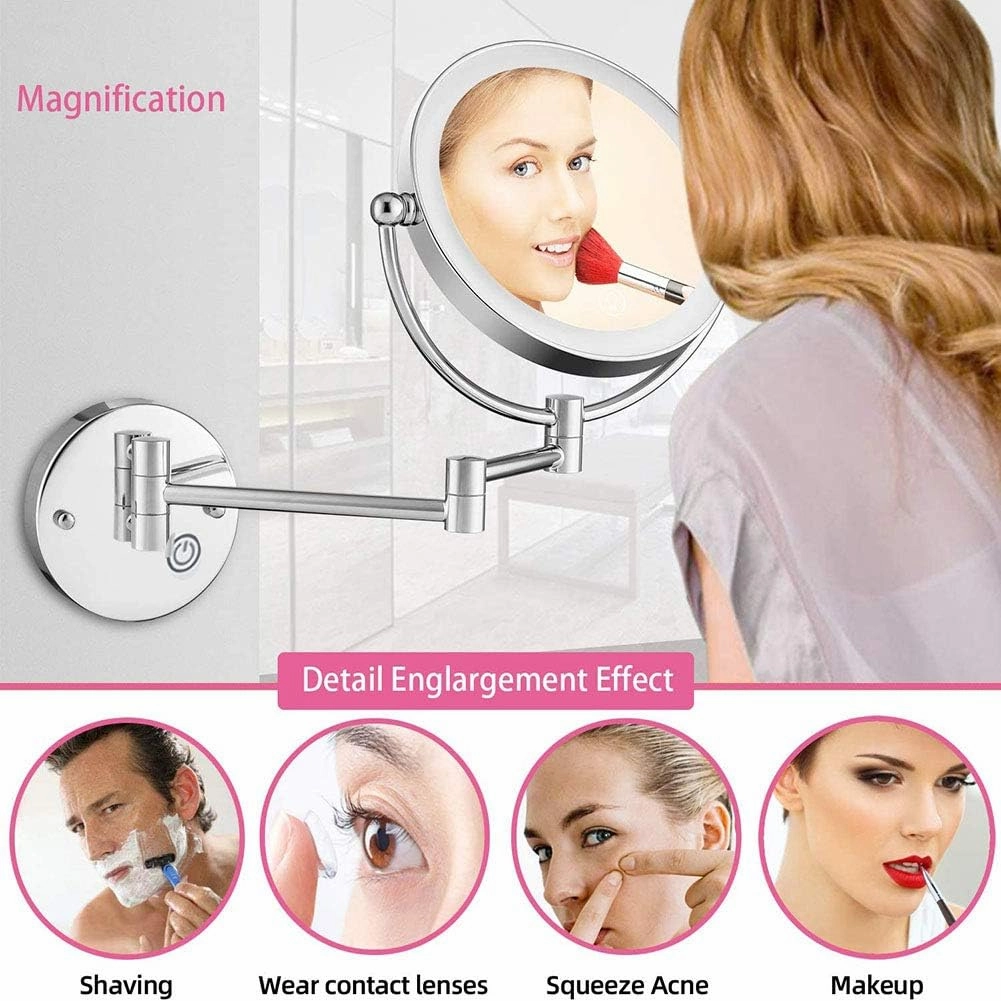 8-Inch Two-Sided Swivel Wall Mounted Makeup Mirror with Magnification, Makeup Mirror with LDE Lights, 11.1-Inch Extension, 360 Degree Swivel Rotation, for Bathroom