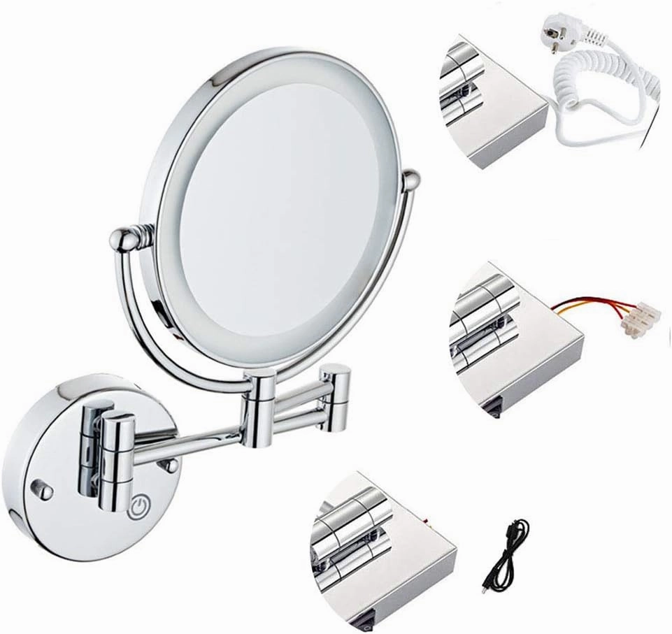 8-Inch Two-Sided Swivel Wall Mounted Makeup Mirror with Magnification, Makeup Mirror with LDE Lights, 11.1-Inch Extension, 360 Degree Swivel Rotation, for Bathroom