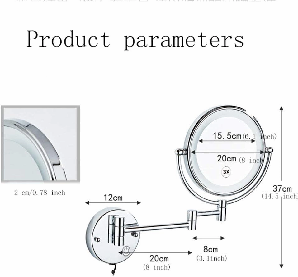 8-Inch Two-Sided Swivel Wall Mounted Makeup Mirror with Magnification, Makeup Mirror with LDE Lights, 11.1-Inch Extension, 360 Degree Swivel Rotation, for Bathroom