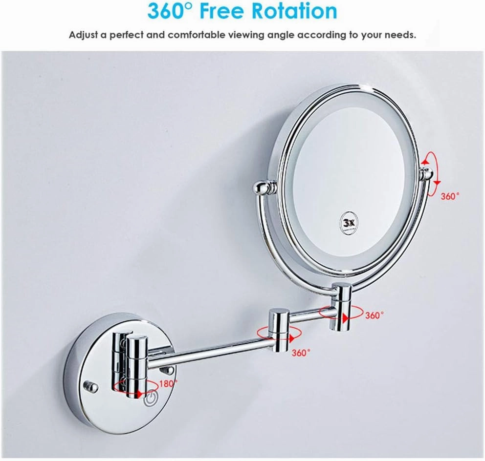 8-Inch Two-Sided Swivel Wall Mounted Makeup Mirror with Magnification, Makeup Mirror with LDE Lights, 11.1-Inch Extension, 360 Degree Swivel Rotation, for Bathroom