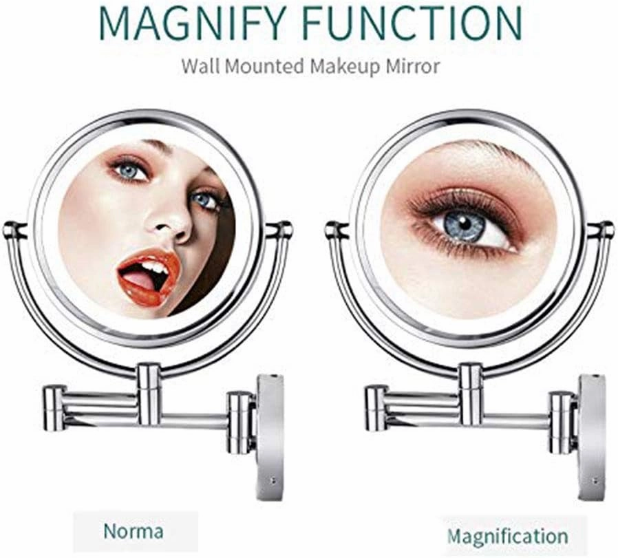 8-Inch Two-Sided Swivel Wall Mounted Makeup Mirror with Magnification, Makeup Mirror with LDE Lights, 11.1-Inch Extension, 360 Degree Swivel Rotation, for Bathroom