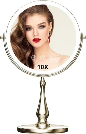 9 "Large Light Makeup Mirror, 1x / 10x True HD Magnifying Mirror, 3-Color Light dimmable, 2 Rechargeable Makeup Mirrors 360° Rotation, Standing Desk Makeup Mirror, Brush Nickel