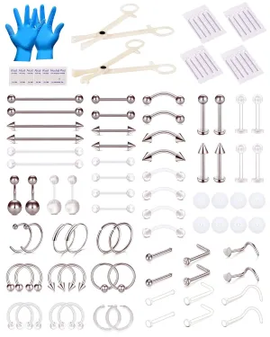 90PCS Piercing Kit, Stainless Steel 14G 16G 18G Piercing Needles Kit Ear Nose Tongue Tragus Cartilage Daith Eyebrow Belly Button Rings Lip Nipple Clear Retainer Piercing Jewelry