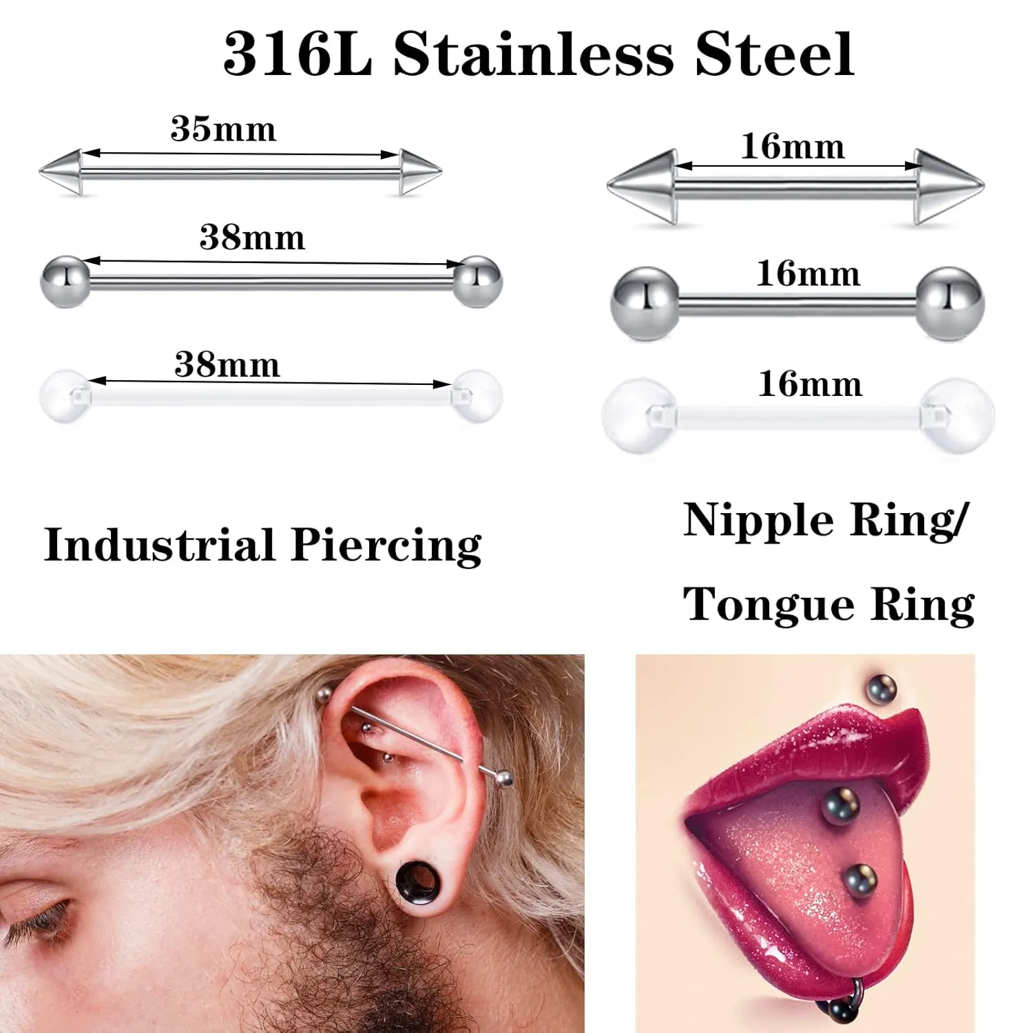 90PCS Piercing Kit, Stainless Steel 14G 16G 18G Piercing Needles Kit Ear Nose Tongue Tragus Cartilage Daith Eyebrow Belly Button Rings Lip Nipple Clear Retainer Piercing Jewelry