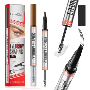 9705 2in1 Hilibrand 4-Pronged Dual-Ended Eyebrow Pencil&Eyebrow Gel, 4-Pronged Ultra-Fine Realistic Eyebrow Pencil End, Eyebrow Setting Wax End, Waterproof, Sweatproof, Long-Lasting (4#Black)