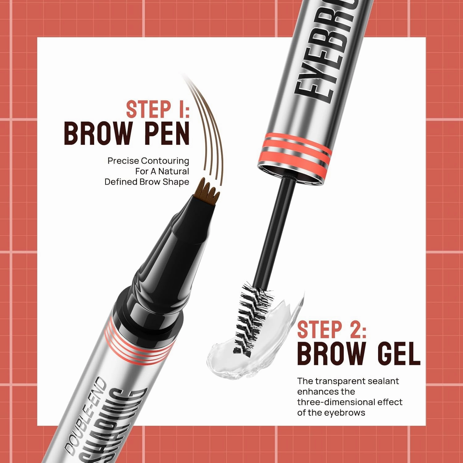 9705 2in1 Hilibrand 4-Pronged Dual-Ended Eyebrow Pencil&Eyebrow Gel, 4-Pronged Ultra-Fine Realistic Eyebrow Pencil End, Eyebrow Setting Wax End, Waterproof, Sweatproof, Long-Lasting (3#Grey)
