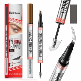 9705 2in1 Hilibrand 4-Pronged Dual-Ended Eyebrow Pencil&Eyebrow Gel, 4-Pronged Ultra-Fine Realistic Eyebrow Pencil End, Eyebrow Setting Wax End, Waterproof, Sweatproof, Long-Lasting (3#Grey)