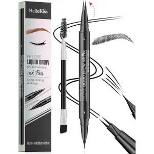 9708 2-Tip Double-Ended Eyebrow Pen, 2-in-1, with Eyebrow Brush. Waterproof and Sweat Proof,Precise Liquid Brow, 5 Shades, Long-Lasting(5#Black)