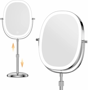 9″ Makeup Mirror With Lights, 7x Magnification, Height Adjustable Vanity Mirror, Rechargeable 3 Color Lighting Mode, 360° Swivel Double Sided Magnifying Mirror, Chrome Stand Up Mirror, Gift for Women