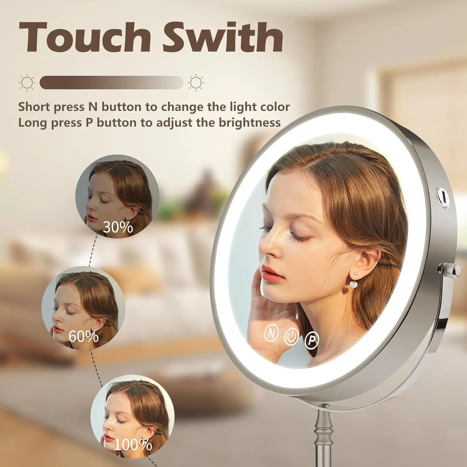 9" Large Makeup Mirror with Lights, 1X/10X Magnifying Vanity Mirror with 3 Colors Dimmable Lightning, 80 LED Lights, 360°Rotation Double Sided Standing Lighted Makeup Mirror Nickel