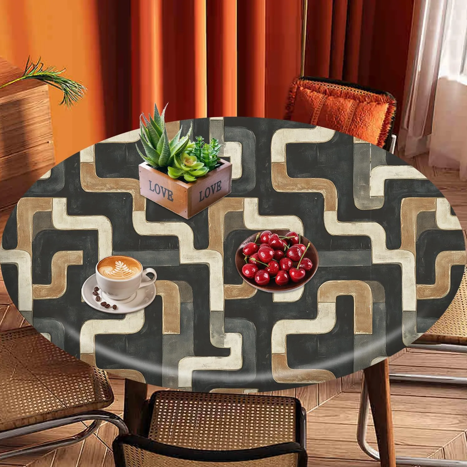 Abstract Maze Tablecloth Fitted Elastic Oil-Proof Patio Table Covers Wrinkle Resistant Round Tablecloths Waterproof for 46" - 56" Round Table