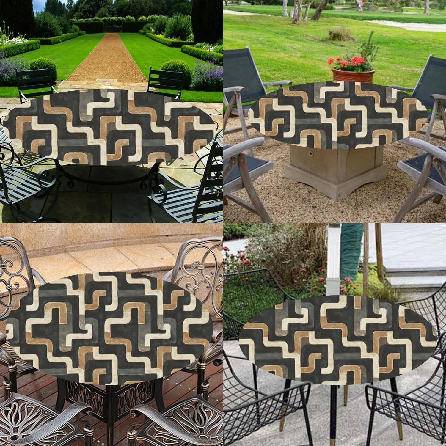 Abstract Maze Tablecloth Fitted Elastic Oil-Proof Patio Table Covers Wrinkle Resistant Round Tablecloths Waterproof for 46" - 56" Round Table