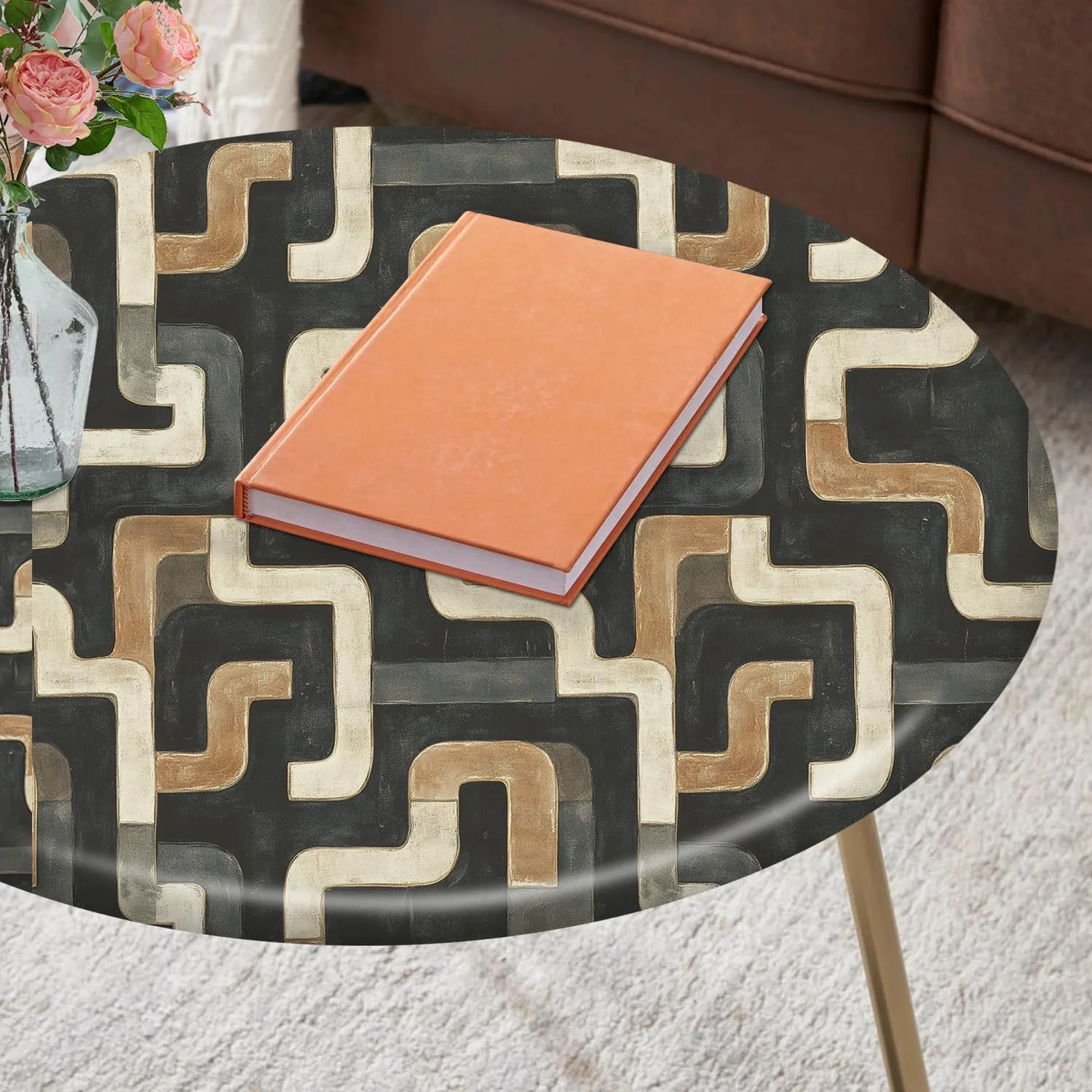 Abstract Maze Tablecloth Fitted Elastic Oil-Proof Patio Table Covers Wrinkle Resistant Round Tablecloths Waterproof for 46" - 56" Round Table