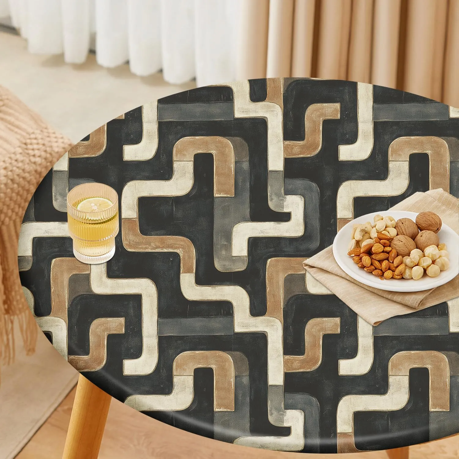 Abstract Maze Tablecloth Fitted Elastic Oil-Proof Patio Table Covers Wrinkle Resistant Round Tablecloths Waterproof for 46" - 56" Round Table