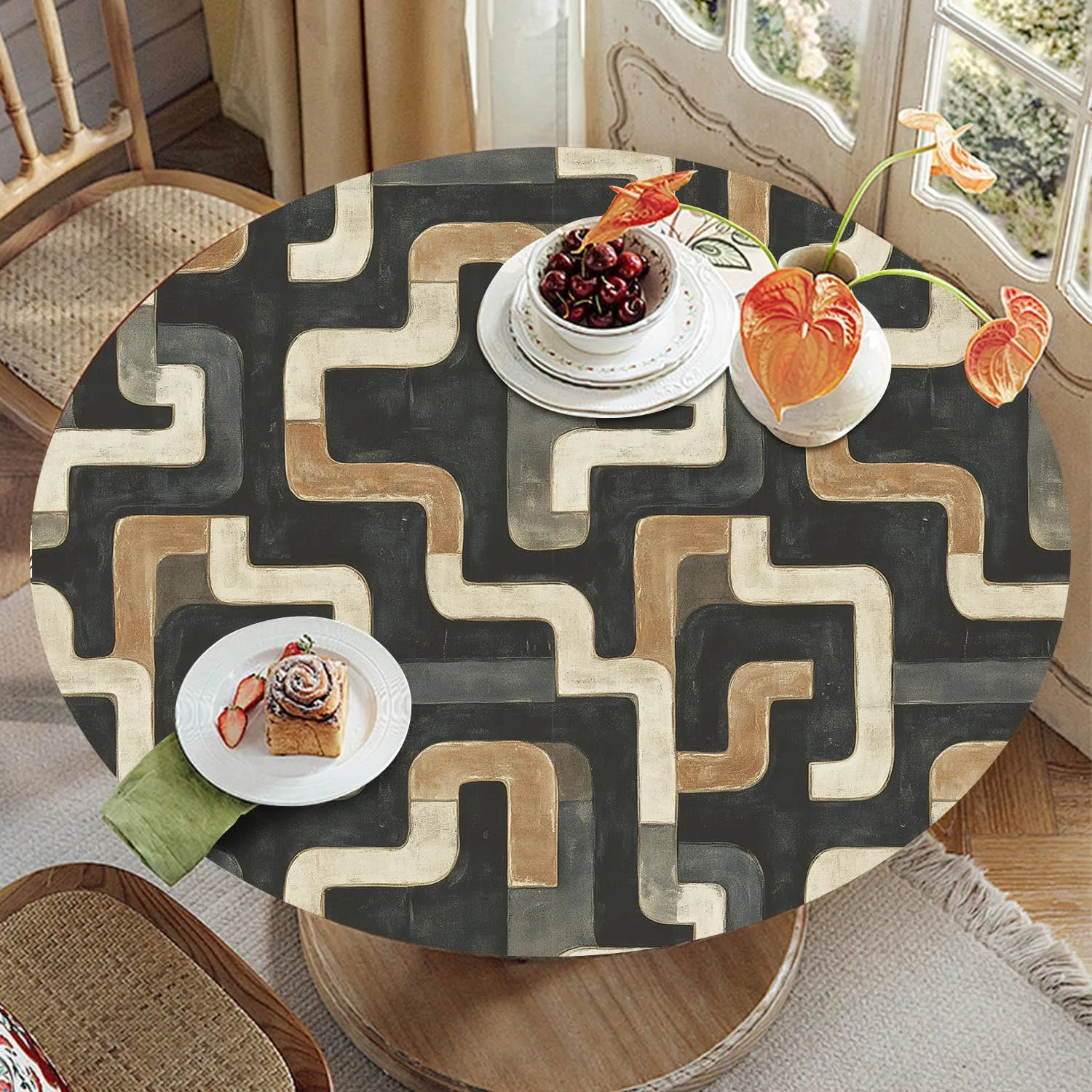 Abstract Maze Tablecloth Fitted Elastic Oil-Proof Patio Table Covers Wrinkle Resistant Round Tablecloths Waterproof for 46" - 56" Round Table