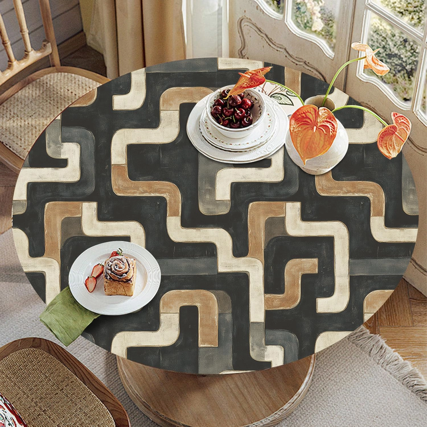 Abstract Maze Tablecloth Fitted Elastic Oil-Proof Patio Table Covers Wrinkle Resistant Round Tablecloths Waterproof for 36" - 44" Round Table