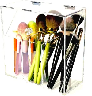 Acrylic Makeup Organizer,Clear Cosmetic Brush Storage Box With 3 Brush Holders,Makeup Brush Holderwith Dust Cover, Large-capacity Split Design Can Quickly Organize the Desktop（No pearls）