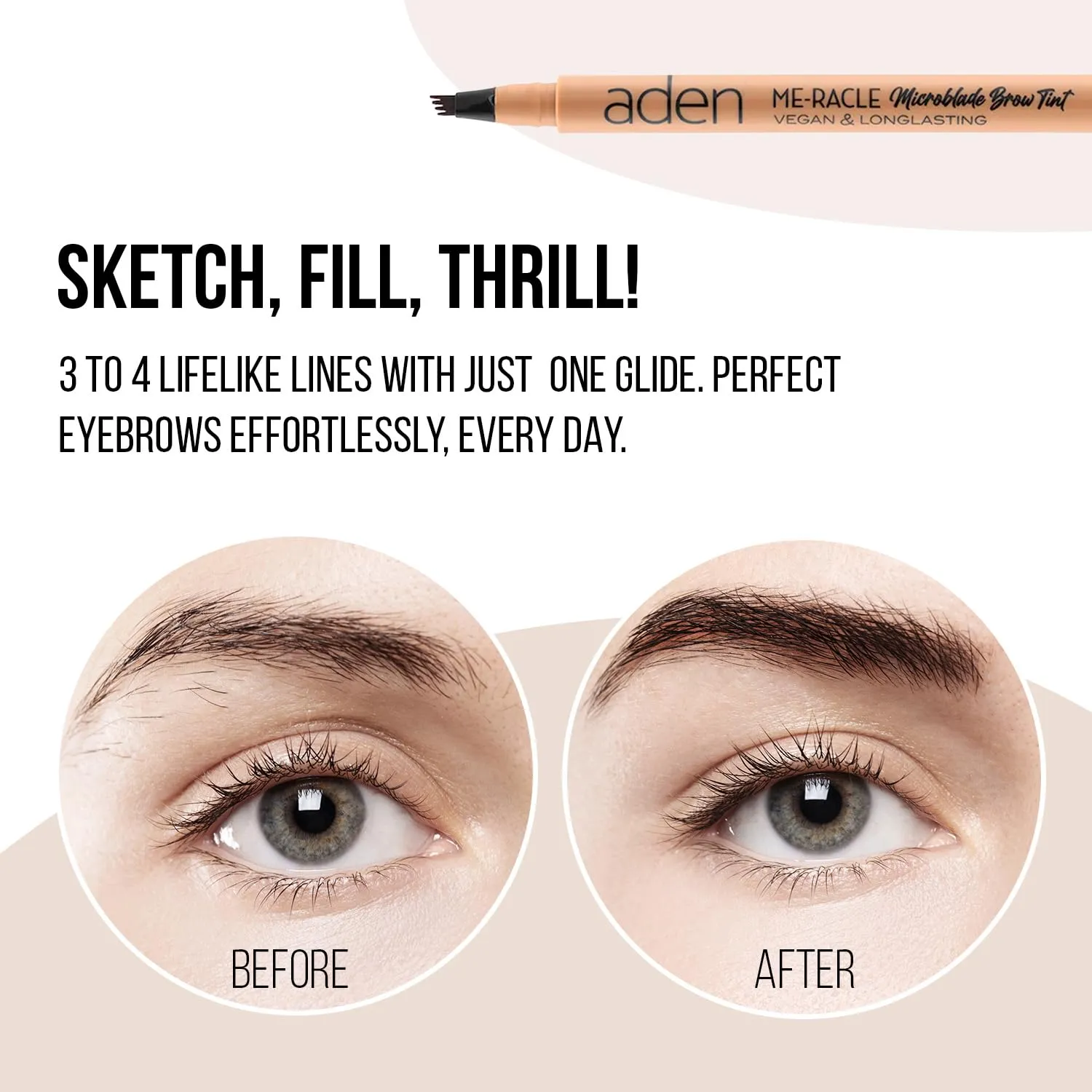 aden Microblading Eyebrow Pen – Brow Tint – Smudge Proof, Waterproof, Defined Micro Hair-Like Brows for Long-Lasting Wear - Made In Italy (01 Greyish-black)