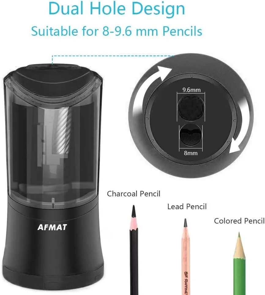 AFMAT Rechargeable Long Point Pencil Sharpener, 2 Holes, Fast Sharpen & Auto Stop, 8-17mm Super Long Point, Artist Pencil Sharpener for 6-9.6mm Large Pencil, Charcoal/Drawing/Sketching/Colored Pencils