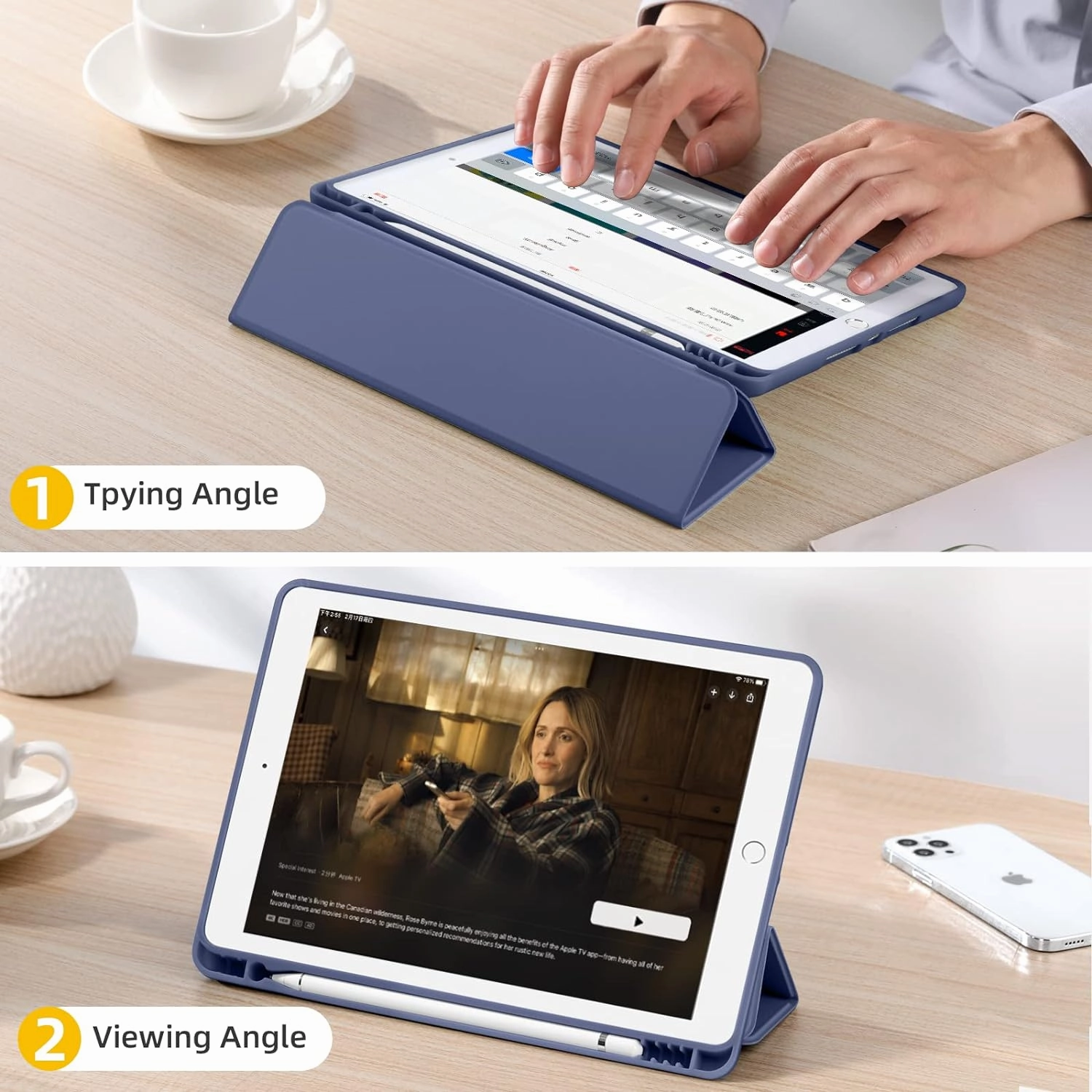 Akkerds Case Compatible with iPad 10.2 Inch 2021/2020/2019, for iPad 9th/8th/7th Generation Case with Pencil Holder, Protective with Soft TPU Back, Auto Sleep/Wake Cover, Blue Gray