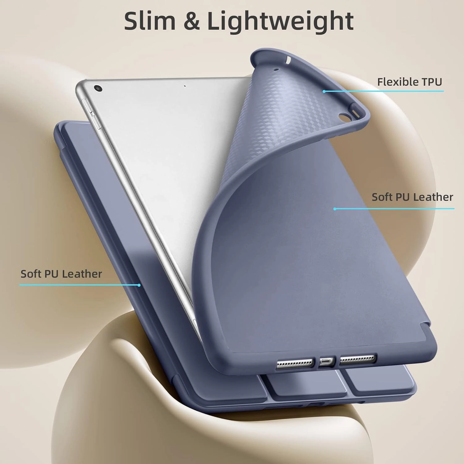 Akkerds Case Compatible with iPad 10.2 Inch 2021/2020/2019, for iPad 9th/8th/7th Generation Case with Pencil Holder, Protective with Soft TPU Back, Auto Sleep/Wake Cover, Blue Gray
