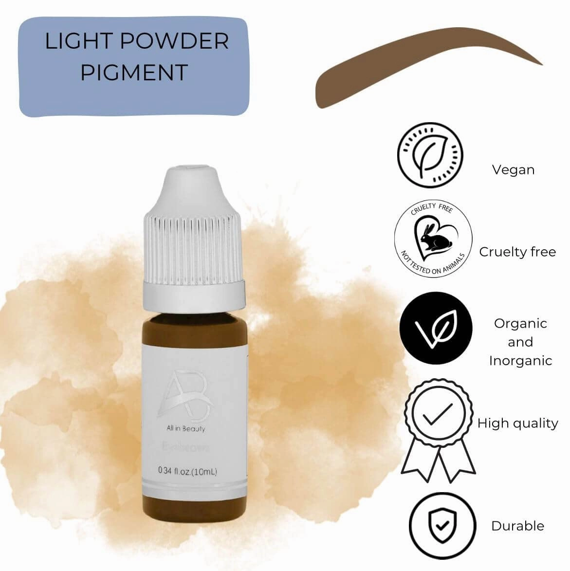 All in Beauty Permanent Makeup Professional Brow Pigment, High Retention Eyebrows Pigment, Ombre brows and Microblading supplies pigment, Vegan PMU Pigment for use with Machine (10ml). (Light Powder)