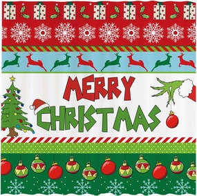 Allenjoy 72x72 Inch Merry Christmas Shower Curtain for Bathroom Sets Winter New Year Xmas Bells Tree Snowflakes Holiday Bath Decor Decorations Durable Waterproof Fabric Machine Washable