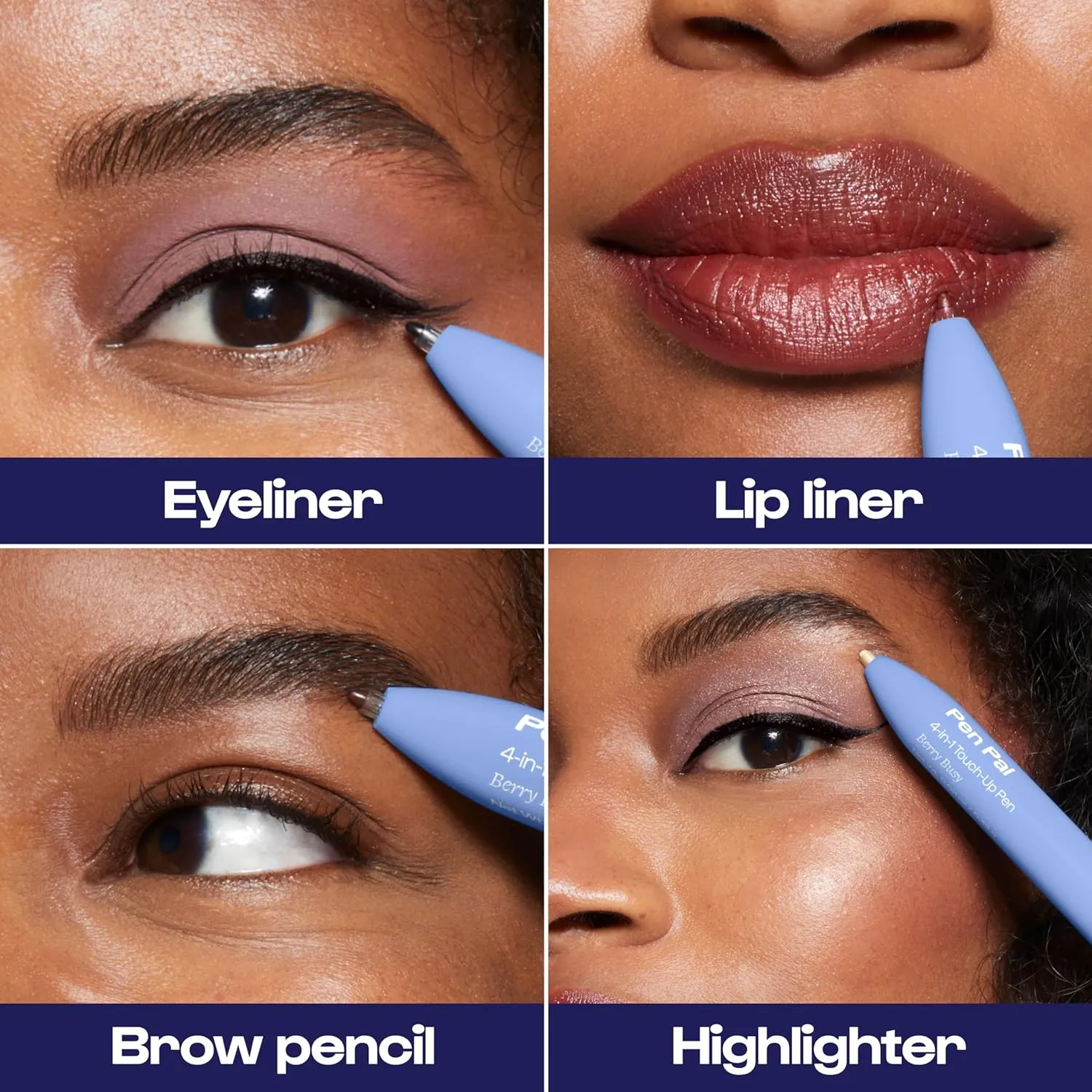Alleyoop Pen Pal 4-in-1 Makeup Pen – Comes with Eyeliner, Lip Liner, Highlighter Makeup & Eyebrow Pencils for Women – Portable, Touch-Up On the Go – Cruelty-Free, Vegan (Berry Busy (Medium - Deep)