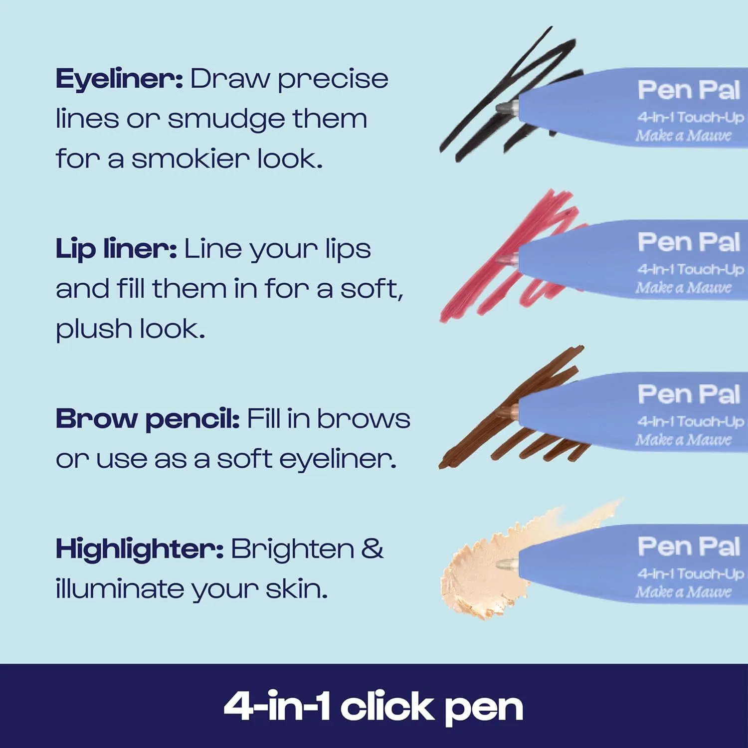 Alleyoop Pen Pal 4-in-1 Makeup Pen – Comes with Eyeliner, Lip Liner, Highlighter Makeup & Eyebrow Pencils for Women – Portable, Touch-Up On the Go – Cruelty-Free, Vegan (Making Mauve (Light - Medium)