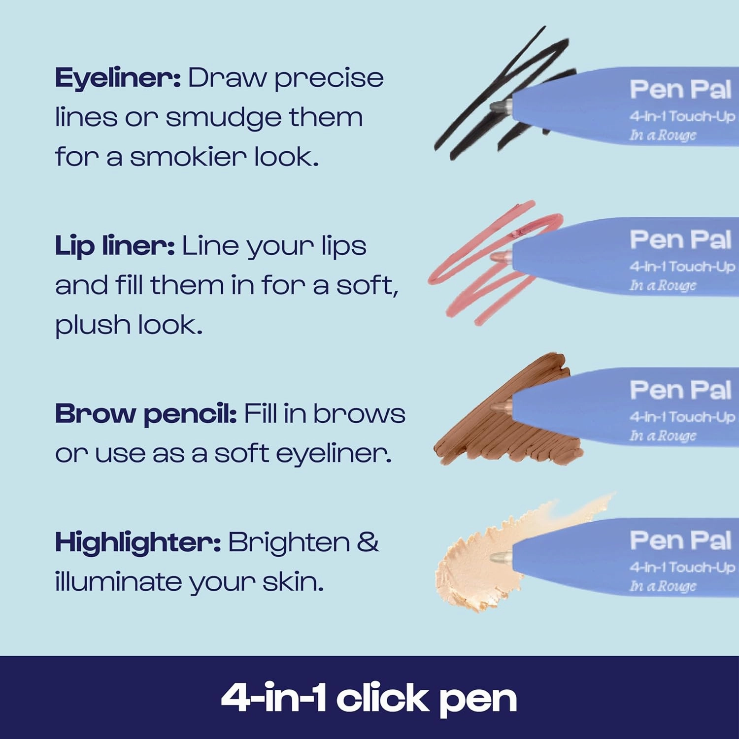 Alleyoop Pen Pal 4-in-1 Makeup Pen – Comes with Eyeliner, Lip Liner, Highlighter Makeup & Eyebrow Pencils for Women – Portable, Touch-Up On the Go – Cruelty-Free, Vegan (In A Rouge (Light))