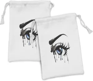 Ambesonne Eye Fabric Pouch Set of 2, Dramatic Artwork of a Woman Eye with Dripping Paint Curvy Eyebrow and Long Lashes, Small Drawstring Bag for Toiletries Masks and Favors, 9" x 6", Black Grey Blue
