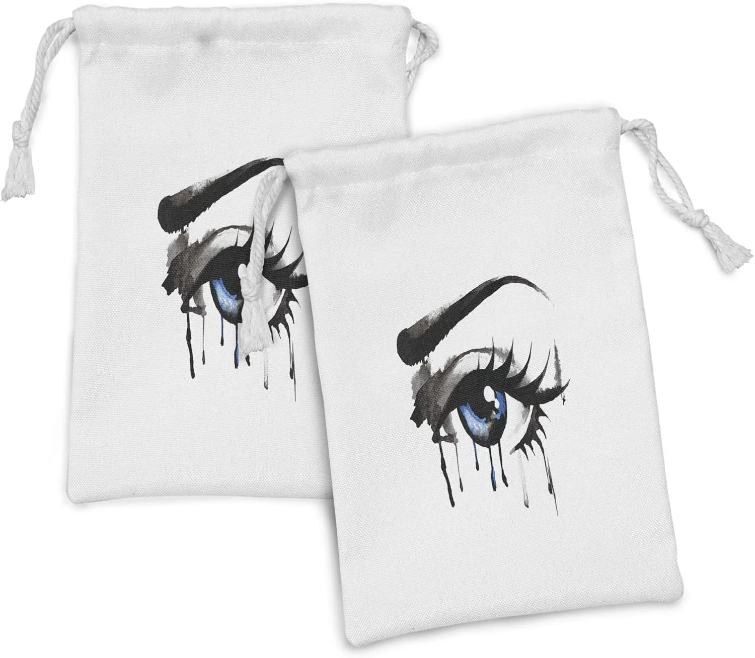Ambesonne Eye Fabric Pouch Set of 2, Dramatic Artwork of a Woman Eye with Dripping Paint Curvy Eyebrow and Long Lashes, Small Drawstring Bag for Toiletries Masks and Favors, 9" x 6", Black Grey Blue