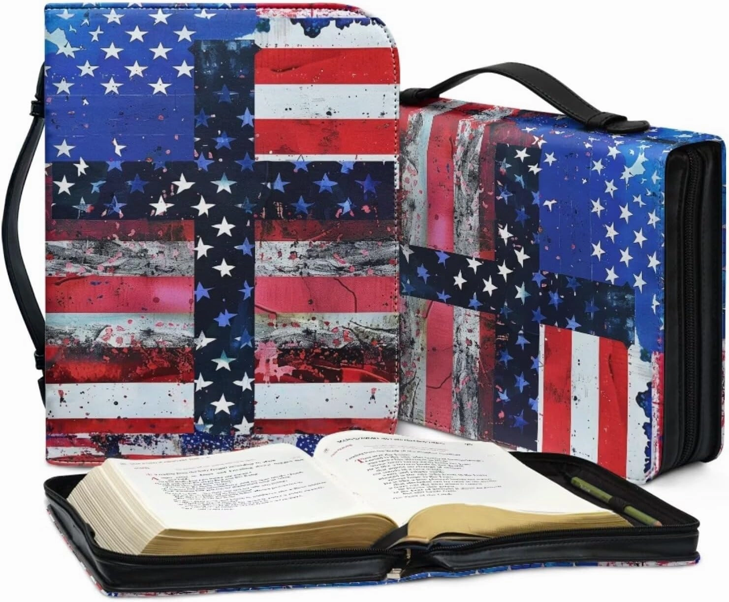 American Flag & Cross Bible Cover for Men Bible Protecter for Travel Bible Study Bag Church Library Outdoor Study Organizer Protective Scripture Christian Church Worship