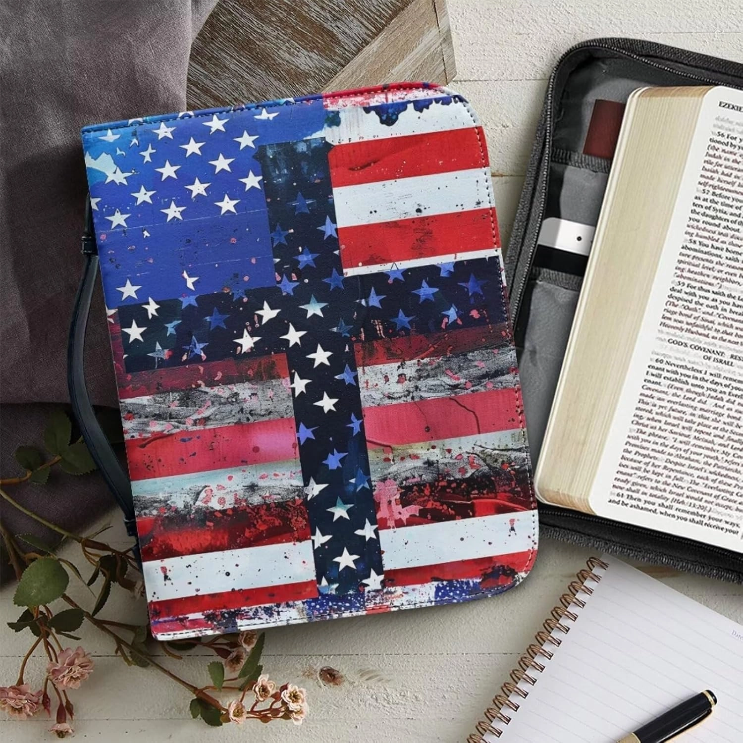 American Flag & Cross Bible Cover for Men Bible Protecter for Travel Bible Study Bag Church Library Outdoor Study Organizer Protective Scripture Christian Church Worship