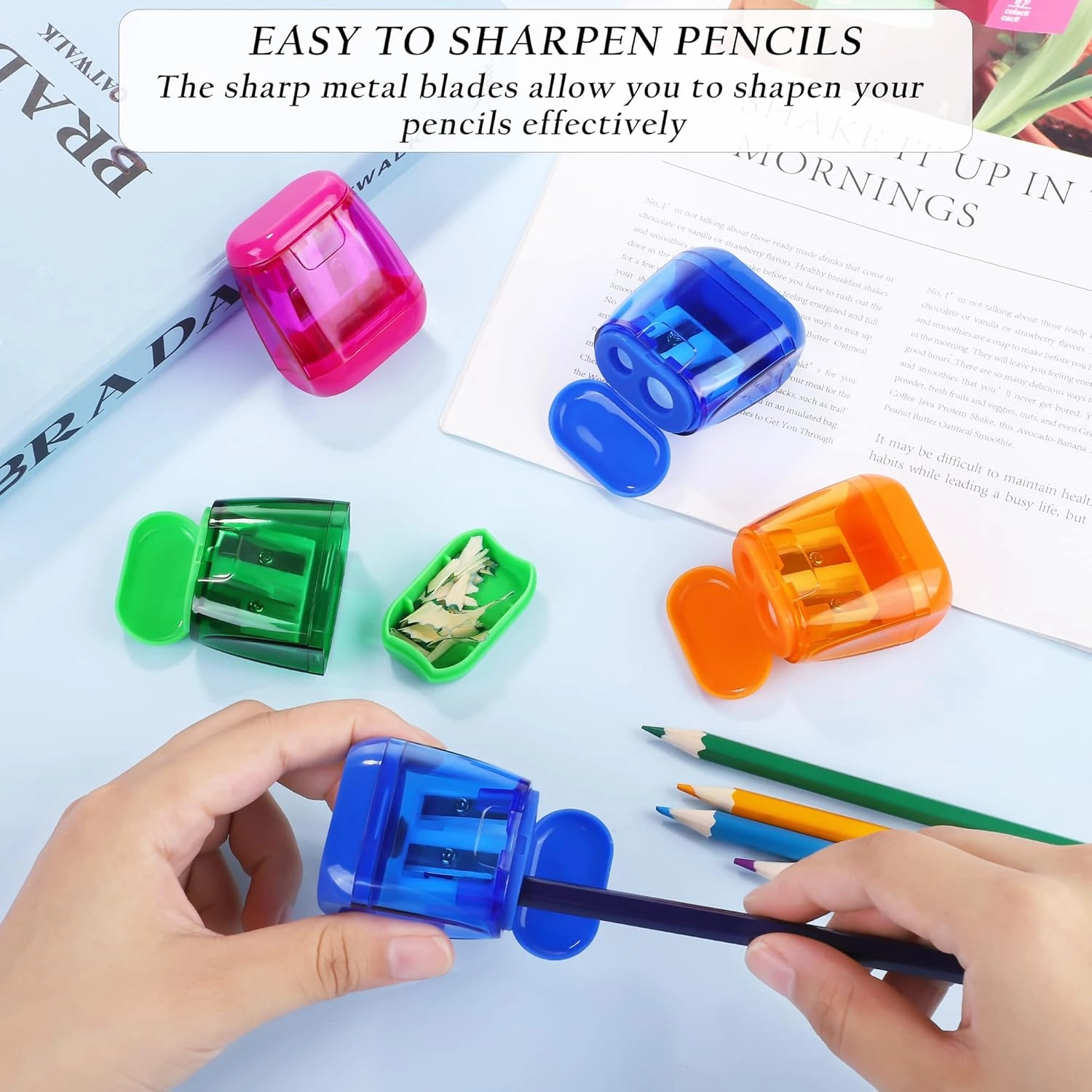 Aodaer 48 Pieces Manual Pencil Sharpeners Dual Hole Compact Sharpener with Lid for Kids Pencil Sharpener in School, Office, Home Mixed 4 Colors