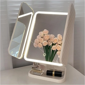 APLUSH Tri-Fold Tabletop Makeup Mirror, 3X 2X Magnification, 3 Color Lighting Modes, Lighted Vanity Mirror with Touch Screen Dimming
