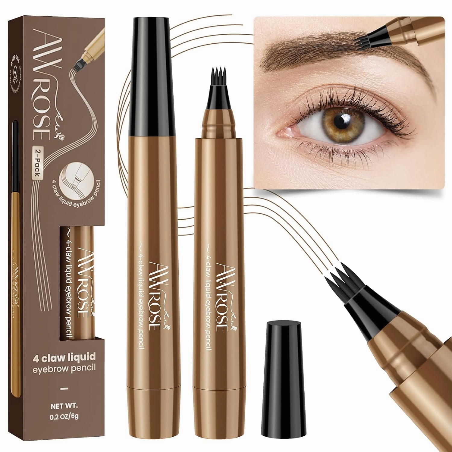 AWROSE Eyebrow Pencil, 3D Waterproof Microblading Eyebrow Pen 4 Fork Tip Tattoo Pencil, Precise Natural Brow Magic Eye Brow Pencil with Hair Like Strokes, 4 Points Multi-Used Eye Brow Pen for Women