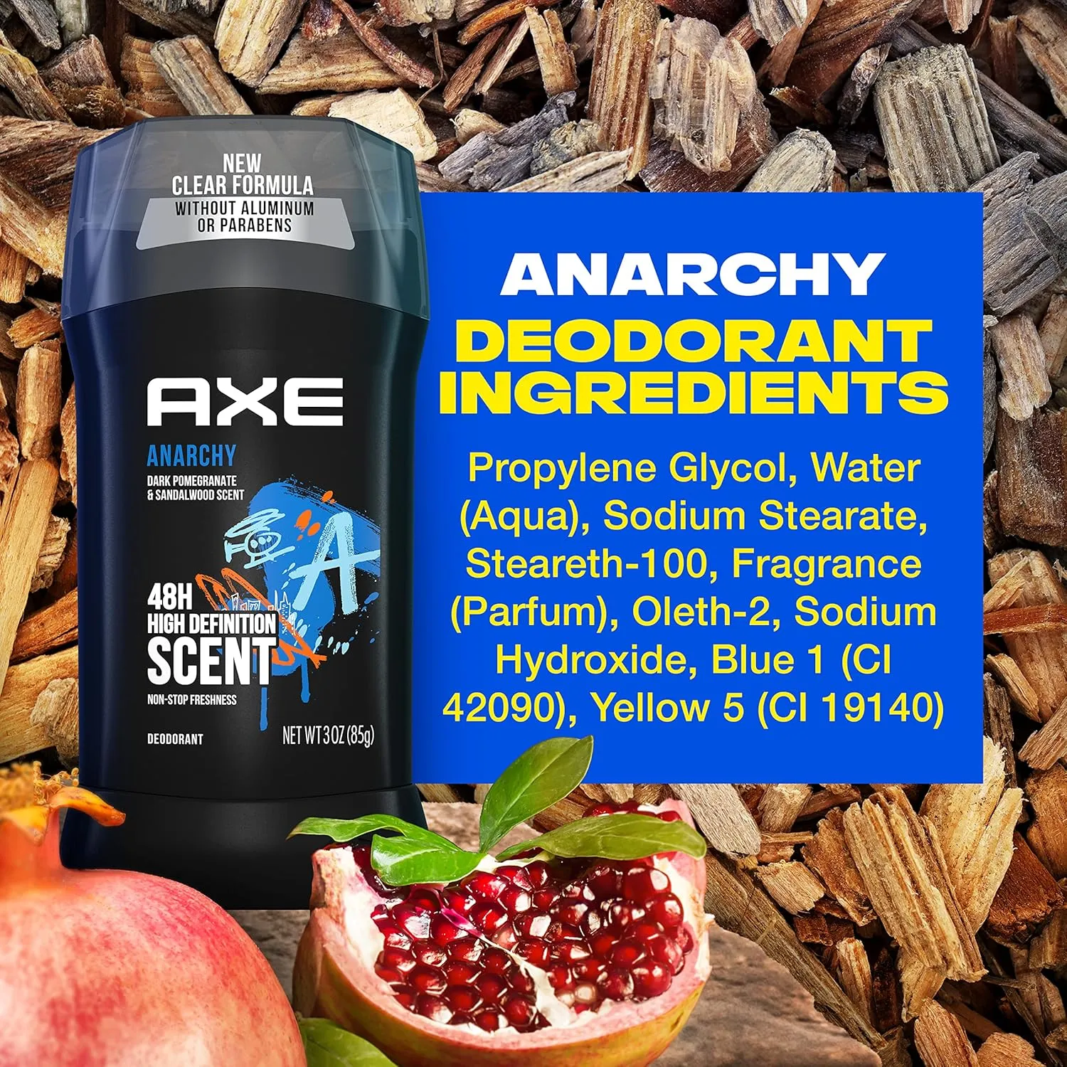 AXE Aluminum Free Deodorant Stick For Men Odor Protection For Long Lasting Freshness, Anarchy Dark Pomegranate & Sandalwood Men's Deodorant, Formulated Without Aluminum 3oz 12 count
