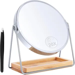 B Beauty Planet 20X Magnifying Mirror With Bamboo Base, Double Sided 20X/1X Magnification, 360 Swivel Tabletop With Storage Stand, Round Makeup for Bedroom 8IN