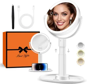 B Beauty Planet Makeup Mirror with Lights, Lighted Magnifying Mirror 20X with 3 Lighting and Adjustable Brightness, 2-Sided Height Adjustable Vanity Mirror for Bathroom, Gifts for Women White