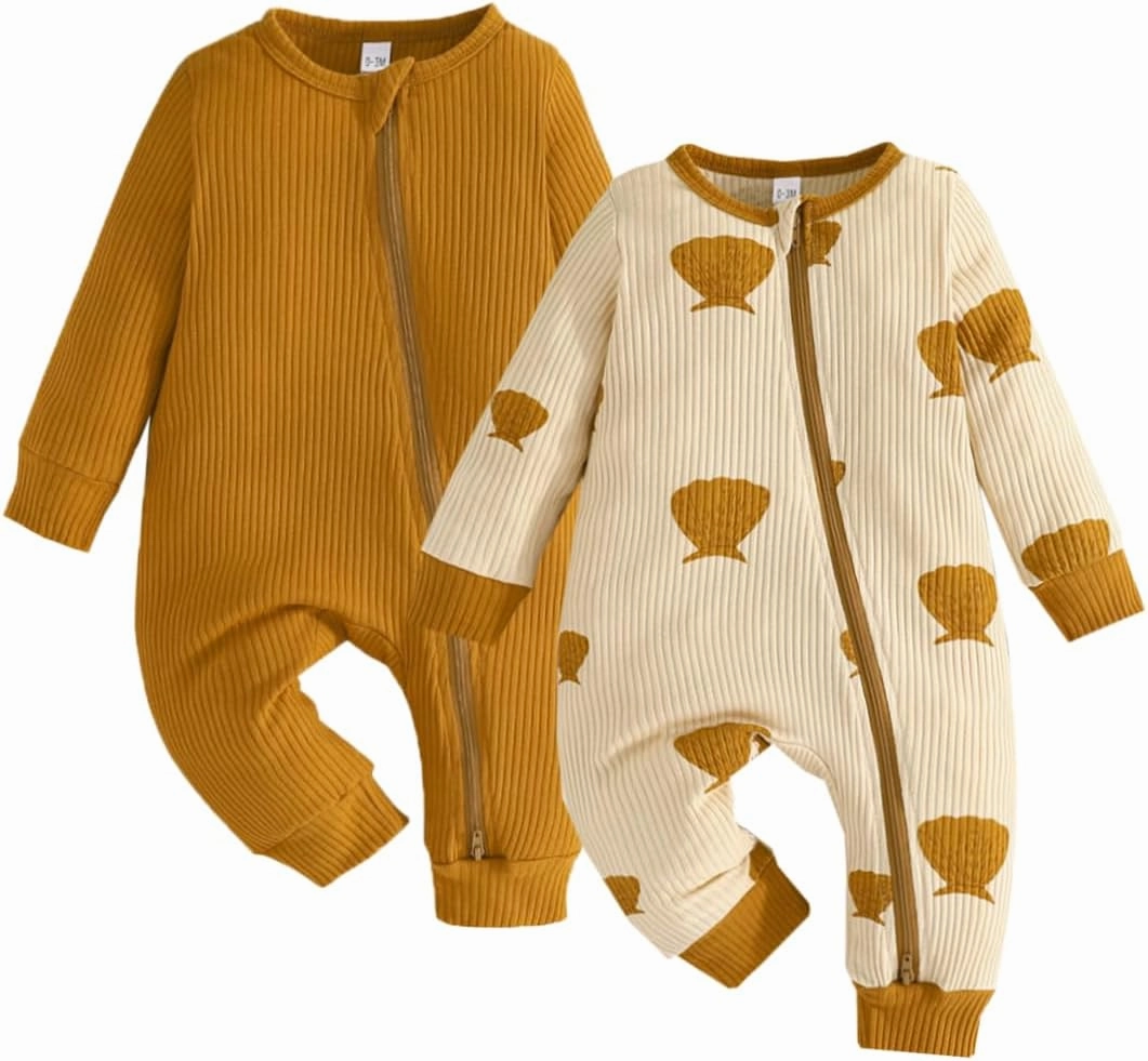 Bafeicao Unisex Baby Boy Girl 2 Pack Rompers Long Sleeve Two Way Zipper Romper One Piece Jumpsuits Clothes Sets
