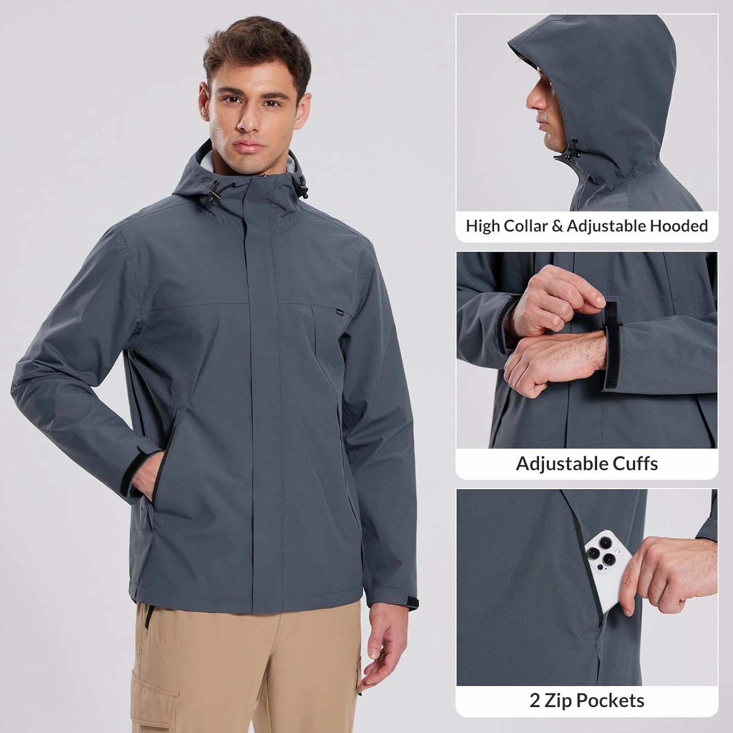 baleaf Men's Rain Jacket Waterproof Breathable Raincoat with Hood for Outdoor Hiking Traveling Cycling Windbreaker