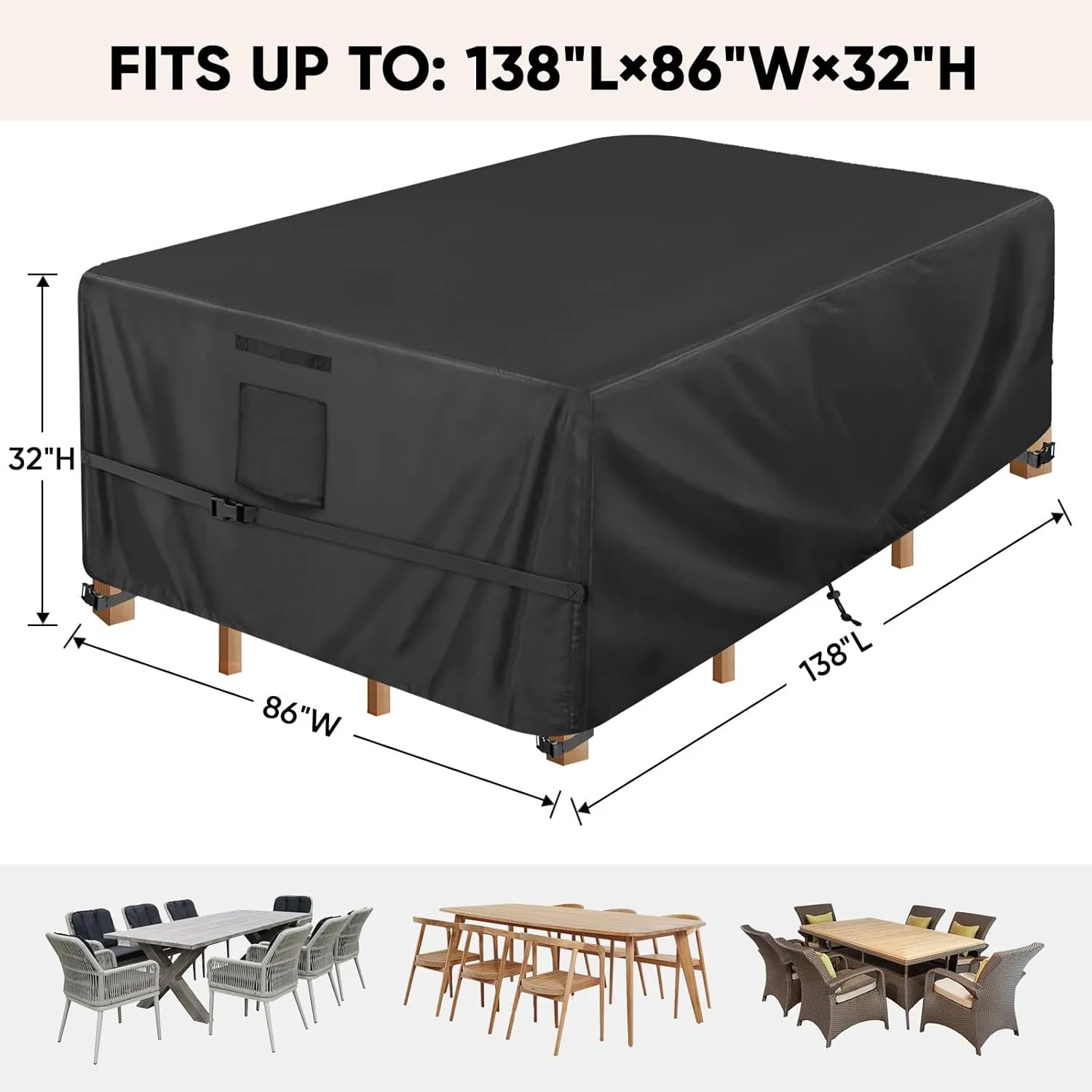 BALEINE Patio Furniture Covers, Outdoor Furniture Covers Waterproof, Heavy Duty Oxford Patio Table Cover for Outdoor Table, Chair, Sofa, Desk (Black 138"L×86"W×32"H)