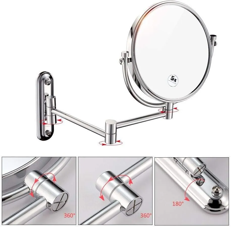 Bathroom Makeup Mirrors, Wall Mounted Brass Double Sided Swivel Chrome Magnifying Vanity Shaving Extendable Adjustable (Color : 5X)