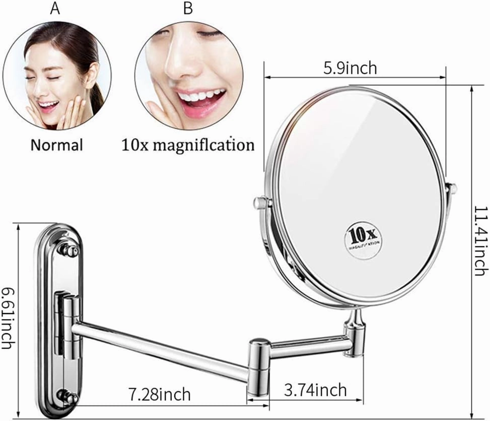 Bathroom Makeup Mirrors Wall Mounted Brass Double Sided 360° Swivel Magnifying Vanity Shaving Extendable Adjustable (Color : 6inch, Size : 10X)
