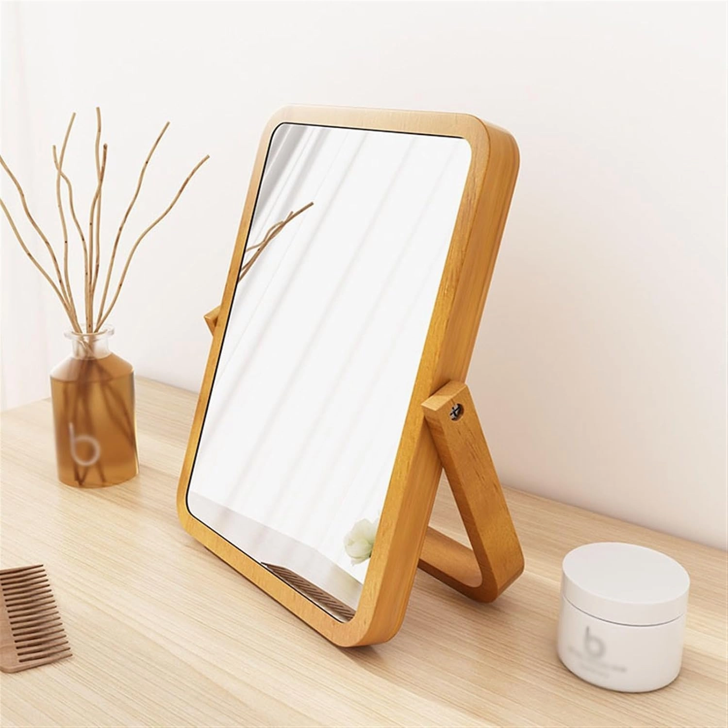 Bathroom Vanity Mirror Makeup Mirror Home Mirror Bedroom Wooden Makeup Mirror Office Desktop Small Dressing Mirror Portable Foldable Beauty Mirror(Natural,Medium)