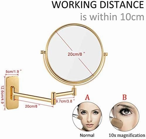 Bathroom Wall-Mounted Mirrors,8 inch Makeup Mirrors,Double Sided Brass Magnifying Mirror,Extendable Folding 360°Swivel Vanity Shaving Mirrors(Gold,10X)