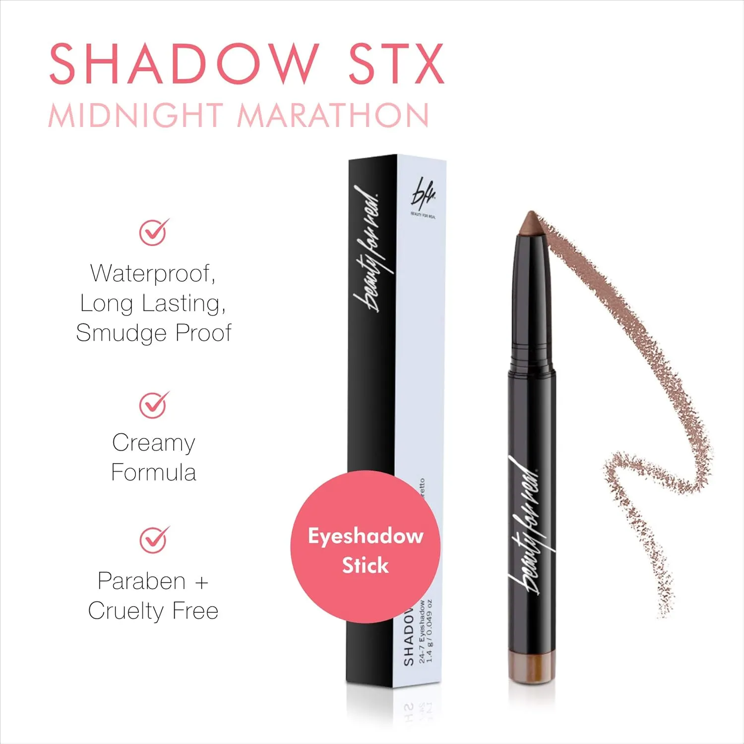Beauty For Real Shadow Stx, Midnight Marathon - Universal Topaz Caramel Shimmer - Waterproof, Cream-to-Powder Eyeshadow Stick - Built-in Sharpener - 0.05 oz
