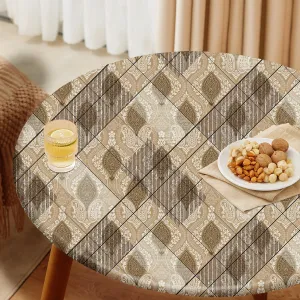 Beige and Brown Paisley Tablecloth Fitted Elastic Oil-Proof Vintage Textured Patio Table Covers Wrinkle Resistant Round Tablecloths Waterproof for 36" - 44" Round Table